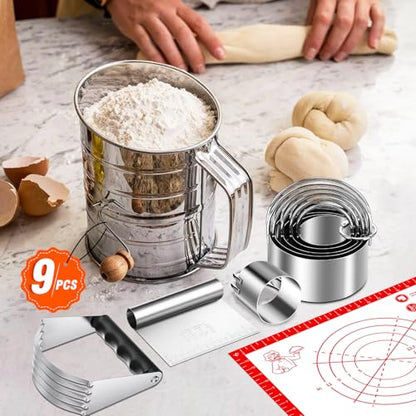 9PCS Stainless Steel Pastry Blender Set, 3 Cup Flour Sifter, Biscuit Cutter, Pastry Cutter, Dough Cutter, Silicone Baking Mats, for Cooking Cookies and Donuts, Cakes, Biscuits or Making Pancakes