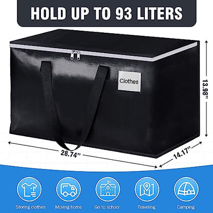 Heavy Duty Moving Bags, Extra Large Storage Bags, 93L, 6-Pack, Black | Foldable, with Zippers, Tag Pocket & Handles, Reusable, Space-saving, Water-Resistant, for moving & storage, Versatile Use