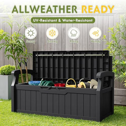 Greesum 80 Gallon Outdoor Storage Bench Deck Box,Black | with Cushion & Armrest, Lockable, Waterproof UV Resistant, Comfortable Seating for Patio, Pool, Garden