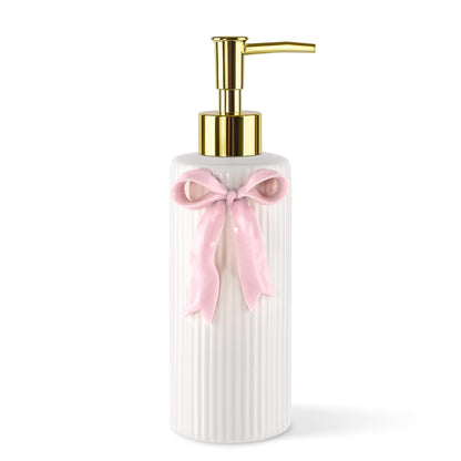 Handmade Ceramic Bow Soap Pump Dispenser Hand Lotion Liquid Dispenser Refillable for Kitchen and Bathroom Decorative (Ribbon Pink)