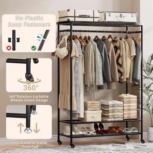 BACEKOLL Clothes Rack with Cover Heavy Duty Rolling Portable Closet 380LBS | Clothing Rack with Dust Cover, 360° Smooth Wheels, 12 Hooks, Steel Frame, Space-Saving Design, 380LBS Garment Rack, Black