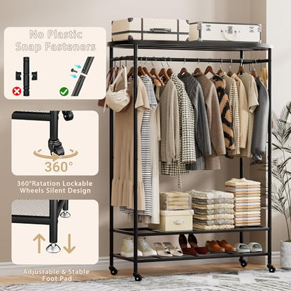 BACEKOLL Clothes Rack with Cover Heavy Duty Rolling Portable Closet 380LBS | Clothing Rack with Dust Cover, 360° Smooth Wheels, 12 Hooks, Steel Frame, Space-Saving Design, 380LBS Garment Rack, Black