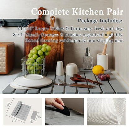 2pcs Stone Dish Drying Mat for Kitchen Counter, Quick-Dry Diatomaceous Earth Water Absorbent Pad & Countertop Drainer, Home Essentials for Bath and Pets - Light Grey, 24x16’’ & 8x4’’