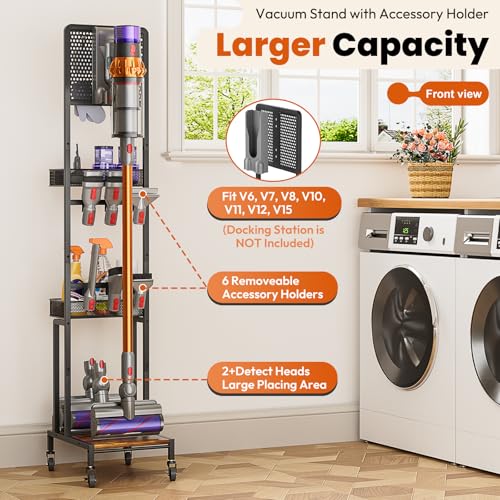 Vacuum Stand for Dyson V15 V12 V11 V10 V8 V7 V6 Gen5, Standing Dock with Accessory Holder, Vacuum Attachments for Dyson Replacement Parts, Floor Docking Station with Cordless Vacuum Storage Organizer