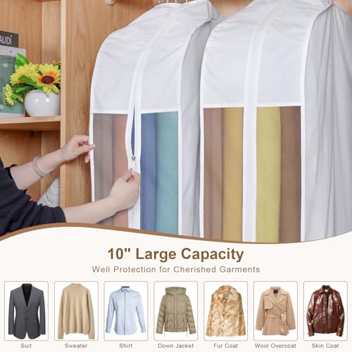 43" Premium Cotton Garment Bag for Hanging Clothes, Breathable Suit Bags for Closet Storage with Extre Large 10" Gusseted & Clear Window, Dust Cover with Zipper for Suits, Jacket, 3 Pack