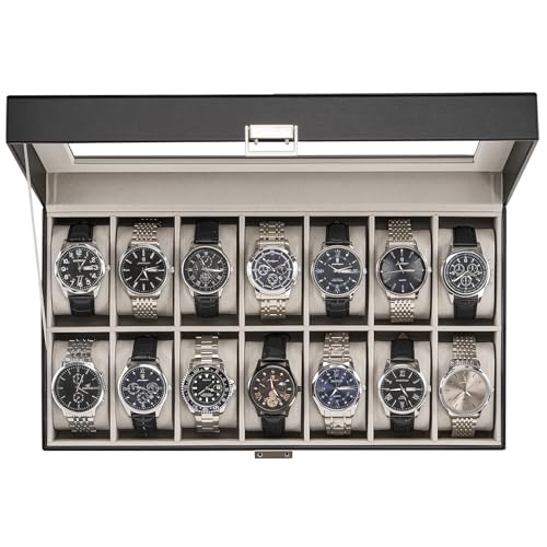 ProCase Watch Case for Men, 14 Slot Mens Watch Box Holder Organizer with Glass Lid, Watch Display Case, Fathers Day Gift for Dad Husband, Birthday Valentine Gifts for Men Women -14 Slot, Black