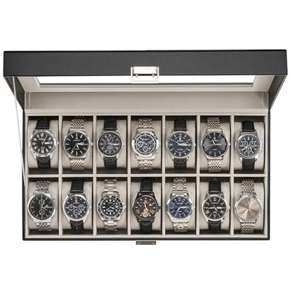 ProCase Watch Case for Men, 14 Slot Mens Watch Box Holder Organizer with Glass Lid, Watch Display Case, Fathers Day Gift for Dad Husband, Birthday Valentine Gifts for Men Women -14 Slot, Black
