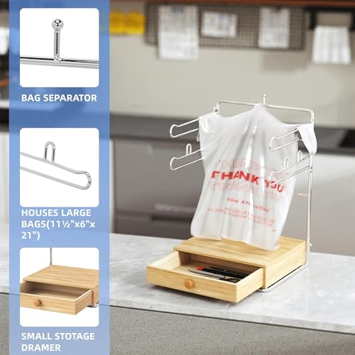 Plastic Bag Holder Chrome T-Shirt Bag Rack with Wooden Brown Base Plastic Bag Organizer for Grocery Store Kitchen Pantry Supermarket Restaurant Business