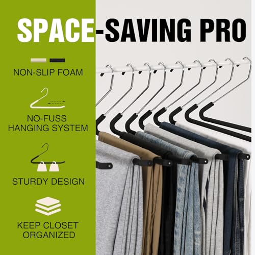 Foam Padded Non Slip Women Men Slacks Trouser Pants Hangers Black Long 10 | No Crease, Rubber Grip, Thick Sponge Felt Coated Covered, Coat Dress Suit Clothes, Chrome Heavy Duty, Space Saving Open Ended
