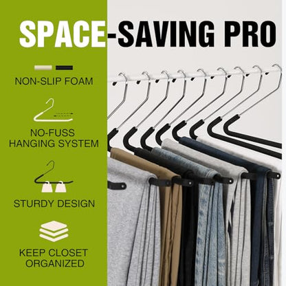 Foam Padded Non Slip Women Men Slacks Trouser Pants Hangers Black Long 10 | No Crease, Rubber Grip, Thick Sponge Felt Coated Covered, Coat Dress Suit Clothes, Chrome Heavy Duty, Space Saving Open Ended