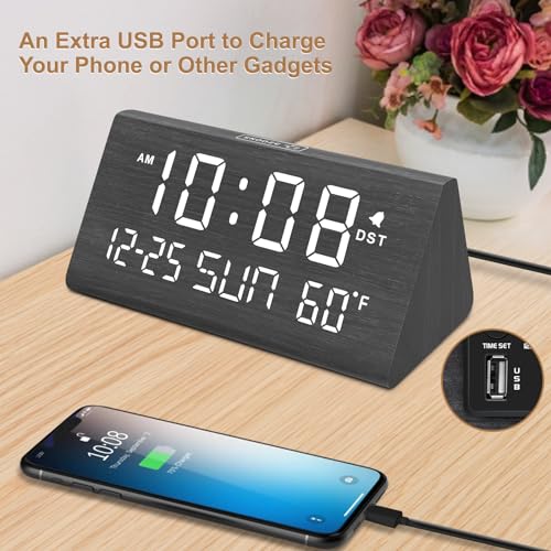 DreamSky Digital Alarm Clock for Bedrooms - Wooden Desk Clock with Date | Day of Week, USB Port, Temperature, Dimmer for Bedside Table, Living Room, Office, Adjustable Volume, Auto DST, Wood Decor