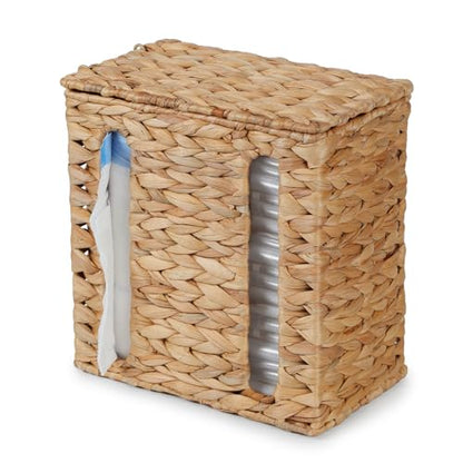 YANGQIHOME Water Hyacinth Trash Bag Dispenser with Lid | Plastic Bag Holder, Grocery Bag Holder, For Kitchen, Cabinet and Countertop, 2 Slots