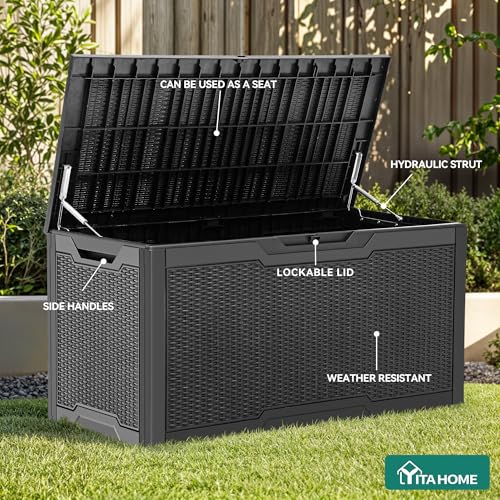 YITAHOME 100 Gallon Large Resin Deck Box Outdoor Storage Boxes for Patio | Outdoor Cushions, Garden Tools and Pool Supplies-Waterproof,Lockable (Black)