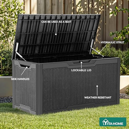 YITAHOME 100 Gallon Resin Deck Box | Weather Resistant Outdoor Storage Box, Lockable Indoor Outdoor Storage for Supplies and Essentials, Black