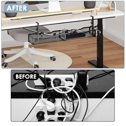 Cable Management, 25'' Cable Management Under Desk, Cable Tray | No Drill Under Desk Cable Management Tray, Cord Organizer with Clamp for Standing Desk, Desk Organizer for Home Office