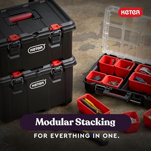 Keter Stack N Rolling Tool Box Modular Storage System 3 Piece | Black and Red, Heavy Duty, Weatherproof, All Terrain Wheels, Durable, Easy to Use, Telescoping Handle