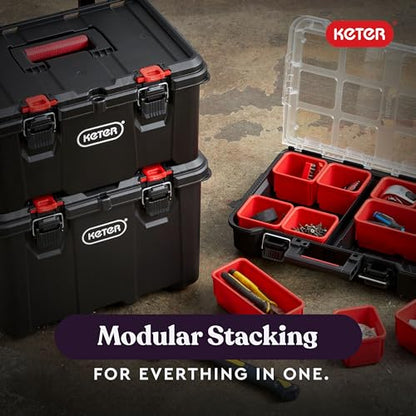 Keter Stack N Rolling Tool Box Modular Storage System 3 Piece | Black and Red, Heavy Duty, Weatherproof, All Terrain Wheels, Durable, Easy to Use, Telescoping Handle