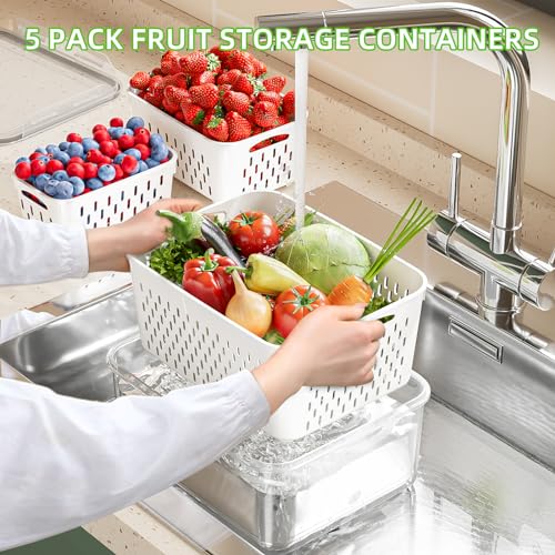 KEMETHY 5 Pack Fruit Storage Containers for Fridge with Removable Colanders - Food Storage Containers with Lids, BPA-Free Produce Containers Keep Fruits, Vegetables, Berry, Meat Fresh Longer