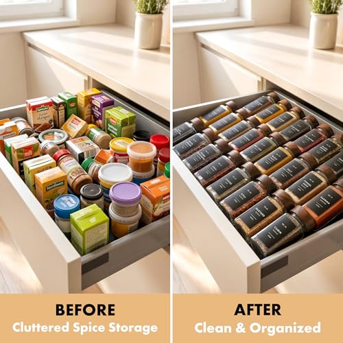 Glass Spice Jars with Label, 24x Acacia Wooden Lids - Black Labels