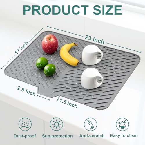 Silicone Dish Drying Mat 23x17,Food-Grade Silicone,Easy Clean Pad for Countertop Protection,Heat Resistant,Easy Clean,Non-Slip Drain Pad with Built-in Drain,Multi-Functional Use,Gray