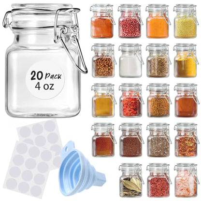 Spice Jars 20 Pack Small 4 oz Glass Jars with Airtight Hinged Lids, Spice Herb Jars with Labels and Silicone Funnels, 4oz Glass Jars with Lids Ideal for Spice Herbs