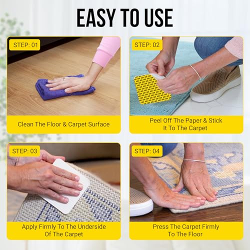 Alien Grip Rug Gripper Carpet Tape - 12pcs, 4x4 in. Anti-Slip Hardwood, Tile Floor, No Damage - Double Sided Reusable, Non Slip Corner Rug Pads - As Seen on TV