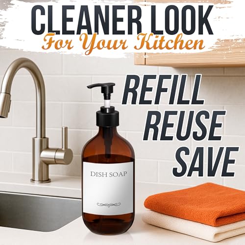 Plastic Amber Soap Dispenser with Pump Set of 3 – 16 oz Refillable Shampoo and Face Wash Bottles – Durable & Reusable for Hand Soap, Dish Soap, Lotion, Gel, Body Wash in Kitchen, Bathroom, Shower