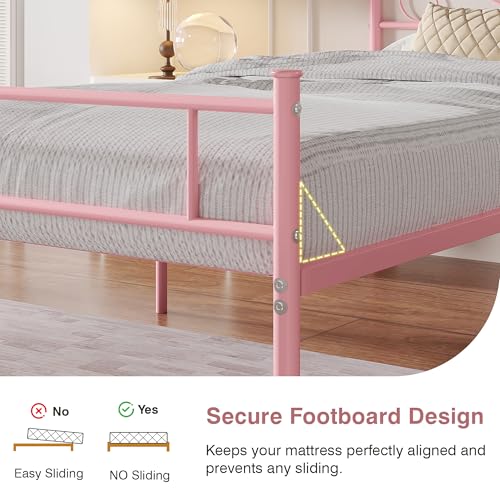 VECELO 14 Inch Twin Size Metal Platform Bed Frame with Headboard and Footboard, Heavy Duty Mattress Foundation with Steel Slats Support, No Box Spring Needed, Pink