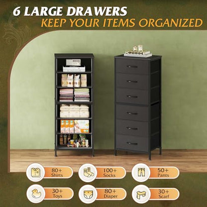 WLIVE Tall Dresser for Bedroom, 6 Drawer Dresser, Black | 6 vertical fabric drawers, Tall vertical design, Bedroom or closet use, Dresser for small spaces, Chest of drawers