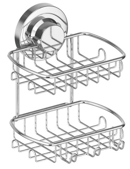 Soap Dish for Shower Suction Cup Powerful Vacuum System Rustproof 304 Stainless Steel Basket Sponges Holder with Razor Hooks for Bathroom or Kitchen Soap Holder, 2 Tier (Silver)
