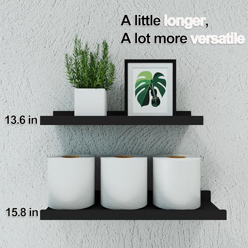 Black Floating Shelves for Wall Decor, 14 in Shelf with Lip Set of 2 | 4.5" Deep Display Picture Ledge Shelf, Wall Mounted Wood Storage Shelves for Bedroom, Bathroom, Living Room, Kitchen Nursery