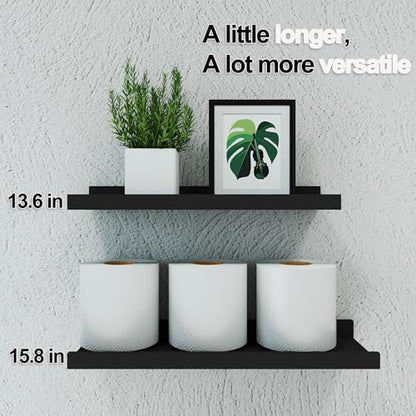 Black Floating Shelves for Wall Decor, 14 in Shelf with Lip Set of 2 | 4.5" Deep Display Picture Ledge Shelf, Wall Mounted Wood Storage Shelves for Bedroom, Bathroom, Living Room, Kitchen Nursery