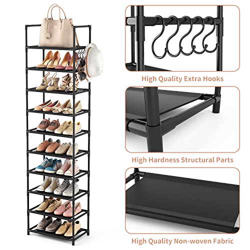 10 Tiers Tall Shoe Rack 20-25 Pairs Boots Organizer Storage Sturdy Narrow Shoe Shelf for Entryway, Closets with Hooks, Black
