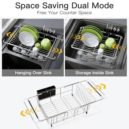 JASIWAY Dish Drying Rack in Sink, Dish Drainer with Cup and Utensil Holder | Over The Sink Expandable Stainless Steel Strainer Dryer Rack for Small Kitchen, Counter Space Saving, Fast Drain, Rustproof