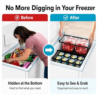 Freezer Organizer Bins - Small Storage Baskets for 7 Cu.Ft, 4 Pack | Easy Access Handles, Stackable Deep Freezer Wire Baskets, Vertical Space Sorts for Frozen Meat, Vegetable and Bagged Items