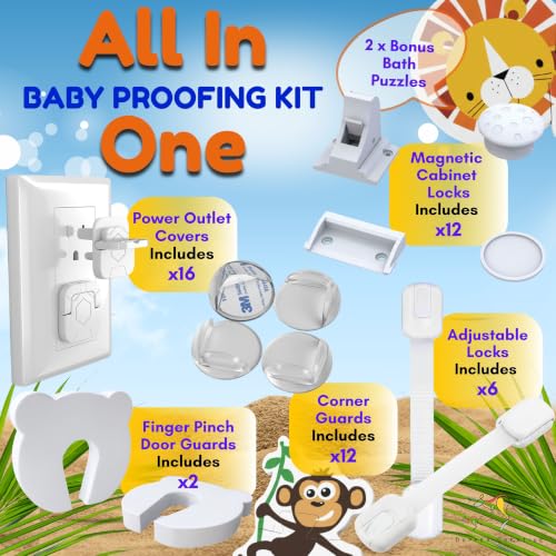 Baby Proofing Kit, All in One, Child Safety Kit, 67 Piece Pack | Magnetic Cabinet Locks, Power Point Outlet Covers, Corner Bumpers Protectors, Strap Locks, Finger Pinch Guards, Bath Toys