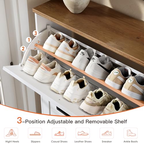 Shoe Cabinet, 3 Flip Drawers & Adjustable Shelves, Ultra Slim Freestanding (9.1” Deep), Holds 30 Pairs, Narrow Shoe Storage Cabinet with Anti-Tip Safety, Modern Farmhouse White Walnut