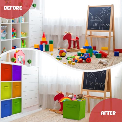 4E's Novelty 6 Packs 11 Inch Rainbow Color Storage Cube Bins, Colorful Storage Baskets For Nursery, Kids Room, Fabric Baskets For Toys, Clothes, Boho Cube Bins for Classroom Organization & Storage