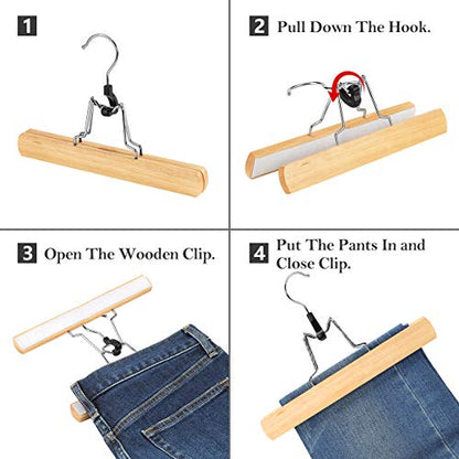 12 Pack Natural Wooden Pants Hangers with Clips Non Slip Skirt Hangers Trouser Clamp Hanger Solid Wood Hanger with 360° Swivel Hook