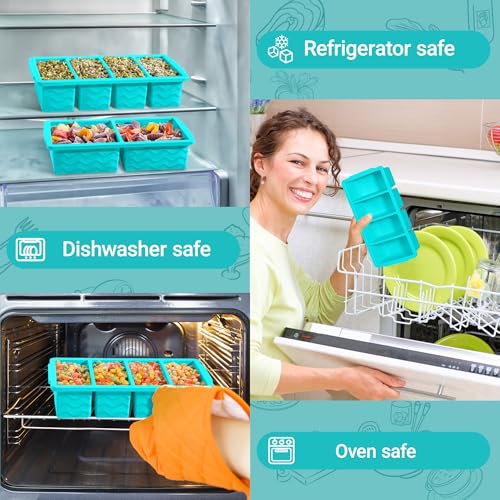 Silicone Freezer Trays with Lid for Soup, 1-Cup & 2-Cup Large Ice Cube Molds Food Storage Containers for Meal Prep, Freeze 500mL/250mL/125mL Portions – 2 Pack