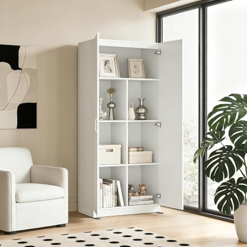 DUMOS Tall Storage Cabinet with Doors and Shelves, Kitchen Pantry Cabinet | 71'' Wood Storage Freestanding Wooden Cabinets for Bedroom, Pantry, Home Office, Dining Room & Living Room, White