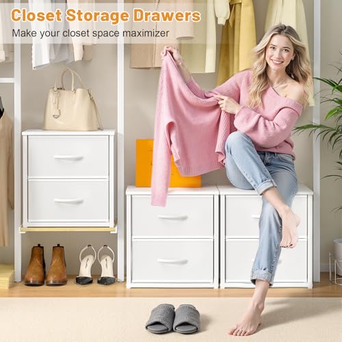 2-Pack Stackable Storage Drawers (4 Drawers Total), White Closet Organizer with Wooden Top & Metal Frame, Freestanding or Stackable Dresser for Bedroom, Living Room, Under Bed