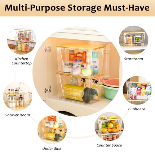 Delamu 3 Pack Pantry Organizers and Storage,Trash Bag Dispenser with Bamboo Top,Stackable Trash Bag Dispenser Under Sink Organizer for 4-30 GalBags,Onion,Potato,Fruits,Clear