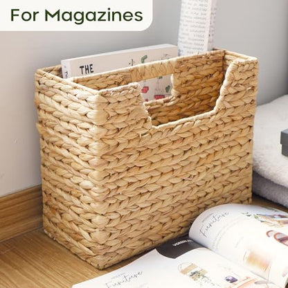 Wicker Magazine Basket Water Hyacinth Handwoven Magazine Holder | Decorative Handwoven Magazine Rack Floor, Organizer for Files, Books, Newspapers, Documents For Office, Living Room, Bathroom