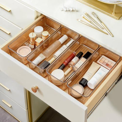 Hudgan 8 Pack Clear Plastic Drawer Organizers Set, Stackable Deep Drawer Organizer for Makeup Vanity and Desk, 2 Sizes Tall Bathroom Drawer Organizer