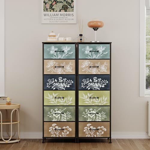 Vintage Dresser Vertical Nightstand with Neutral Botanical Plant Fabric Chest Drawers for Closet Bathroom Storage Tower Unit Bed Side Organizer Farmhouse Rustic (Multi, 6 Drawers)