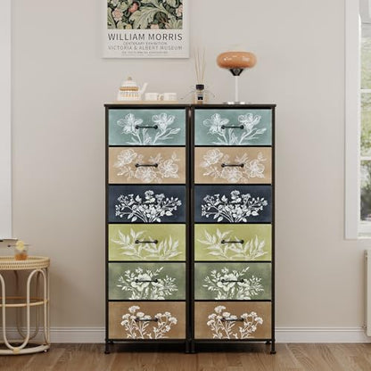 Vintage Dresser Vertical Nightstand with Neutral Botanical Plant Fabric Chest Drawers for Closet Bathroom Storage Tower Unit Bed Side Organizer Farmhouse Rustic (Multi, 6 Drawers)