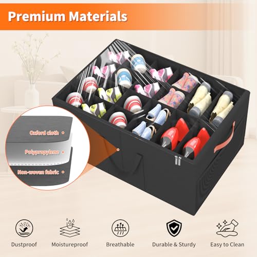 2 Pack Shoe Organizer for Closet, Large Shoe Storage Box, Black | Fits up to 48 Pairs, Stackable, Space Saving, Foldable, Shoes Organizer Bin with Clear Cover, 4 Reinforced Handles