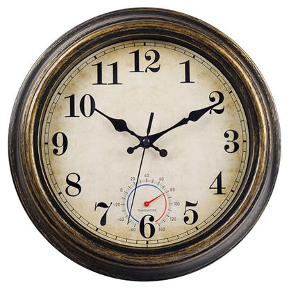 Outdoor Clocks Waterproof with Thermometer Vintage Wall Clock Decor for Bathroom Patio Pool Garden(12 Inch)