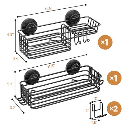 Shower Caddy Suction Cup, 2 Pack Suction Shower Shelf With Hooks | Black Shower Caddies, Soap holder, NO-Drilling Bathroom Holder, Rustproof bathroom organizer